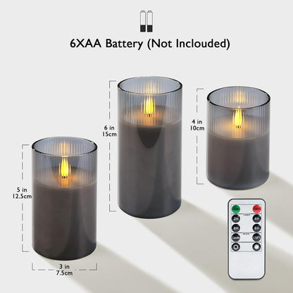 Amagic Clear Glass Flameless Candles Battery Operated with Timer, Remote Control, LED Pillar Candles, Battery Powered, Valentine's Day Decor, Pure White Wax, Set of 3
