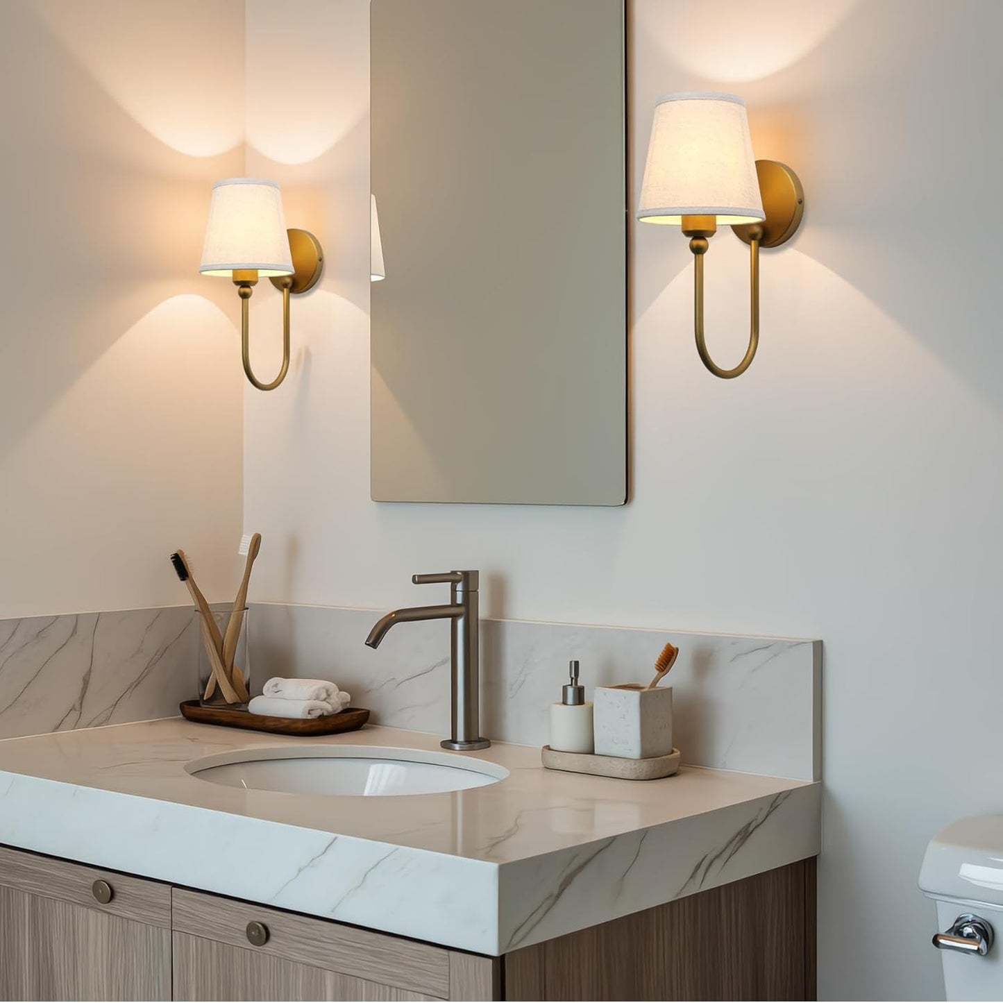 Pathson Antique Linen Fabric Wall Sconces Set of 2, Hardwired Curved Arm Bathroom Vanity Light, Indoor Wall Decor Lamp for Living Room, Kitchen, Bedroom, Foyer