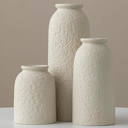 Ceramic Vase Set-3, Small Flower Vases for Decor, Modern Boho Farmhouse Style, Decorative Vases for Pampas Grass & Dried Flowers, Distressed Finish (Beige)