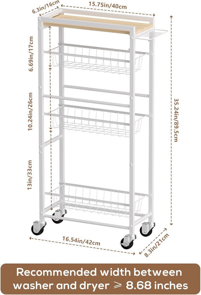 4 Tier Slim Rolling Storage Cart with Pull-Out Baskets, Narrow Sliding Storage Slim Laundry Cart Slim Rolling Kitchen Cart