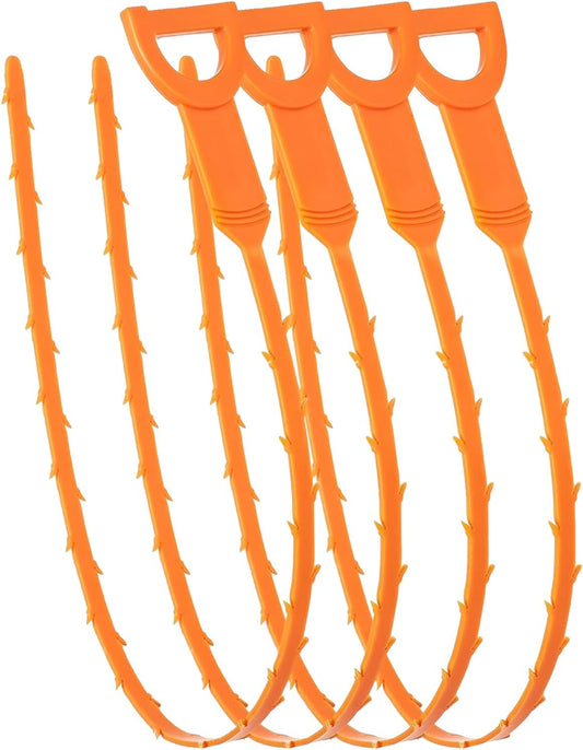 Drain Snake Hair Clog Remover Orange Plastic, 20 Inch Barbed Design for Bathroom Tub Kitchen Sink Toilet Sewer Cleaning 4 Pack