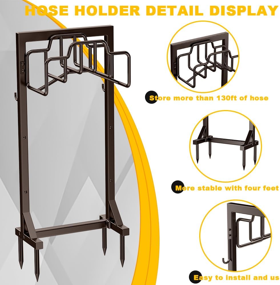 Skycarper Garden Hose Reel Holder Detachable Metal Water Hose Hanger Organizer Heavy Duty Free Standing Hose Stand (Deep Black)