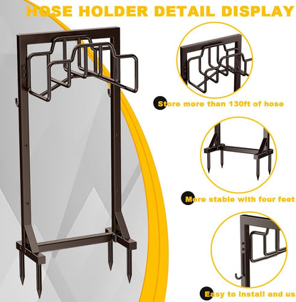Skycarper Garden Hose Reel Holder Detachable Metal Water Hose Hanger Organizer Heavy Duty Free Standing Hose Stand (Deep Black)