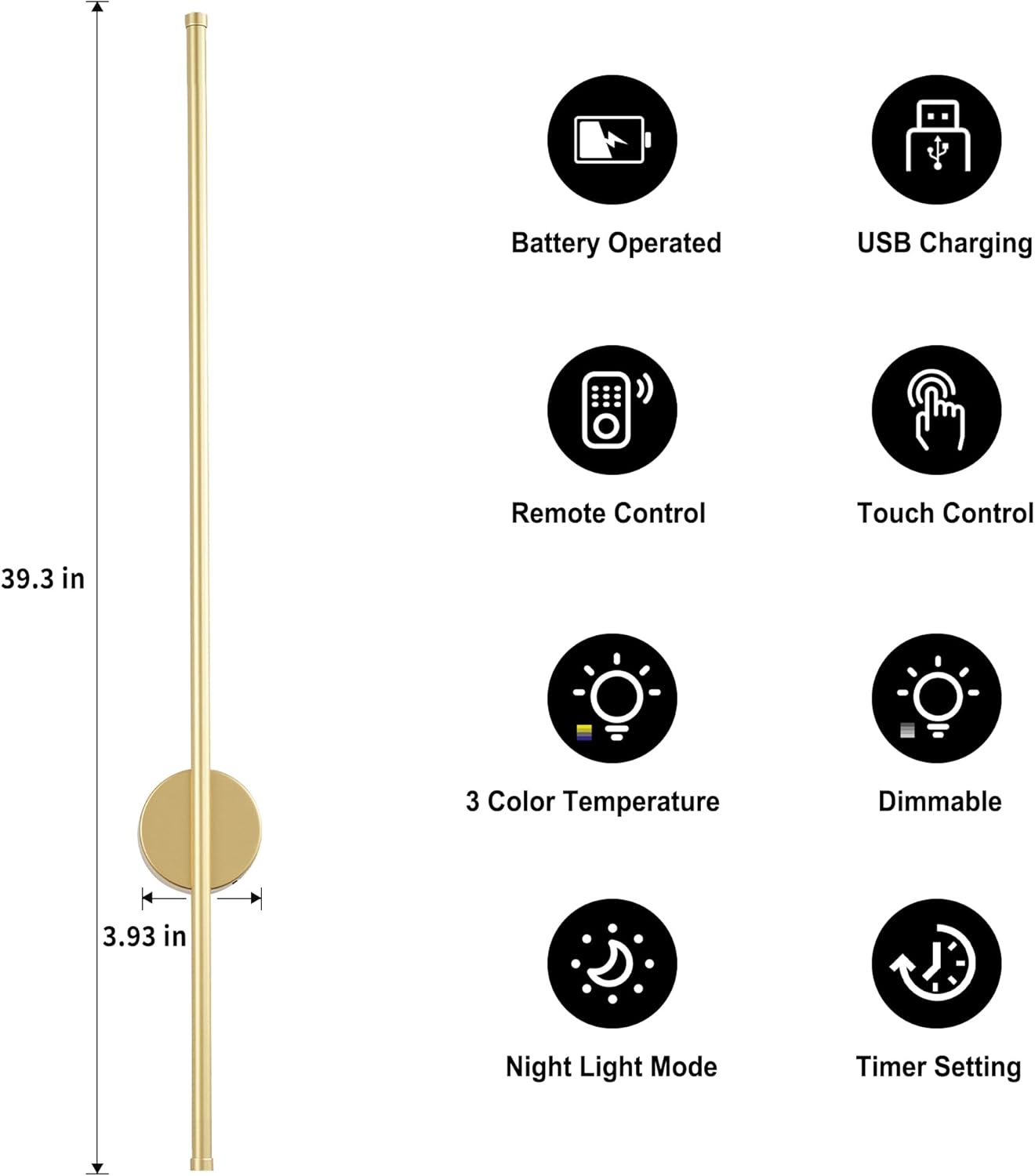 Battery Operated Modern Wall Sconces, Dimmable Wireless Wall Light Set of Two with Remote Control, 3 Color Temperatures, Rechargeable LED Wall Sconce for Bedroom, Living Room, Hallway, 23.6 Inch Brass