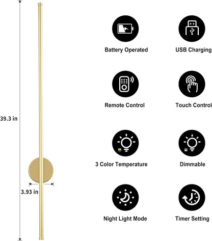 Battery Operated Modern Wall Sconces, Dimmable Wireless Wall Light Set of Two with Remote Control, 3 Color Temperatures, Rechargeable LED Wall Sconce for Bedroom, Living Room, Hallway, 23.6 Inch Brass