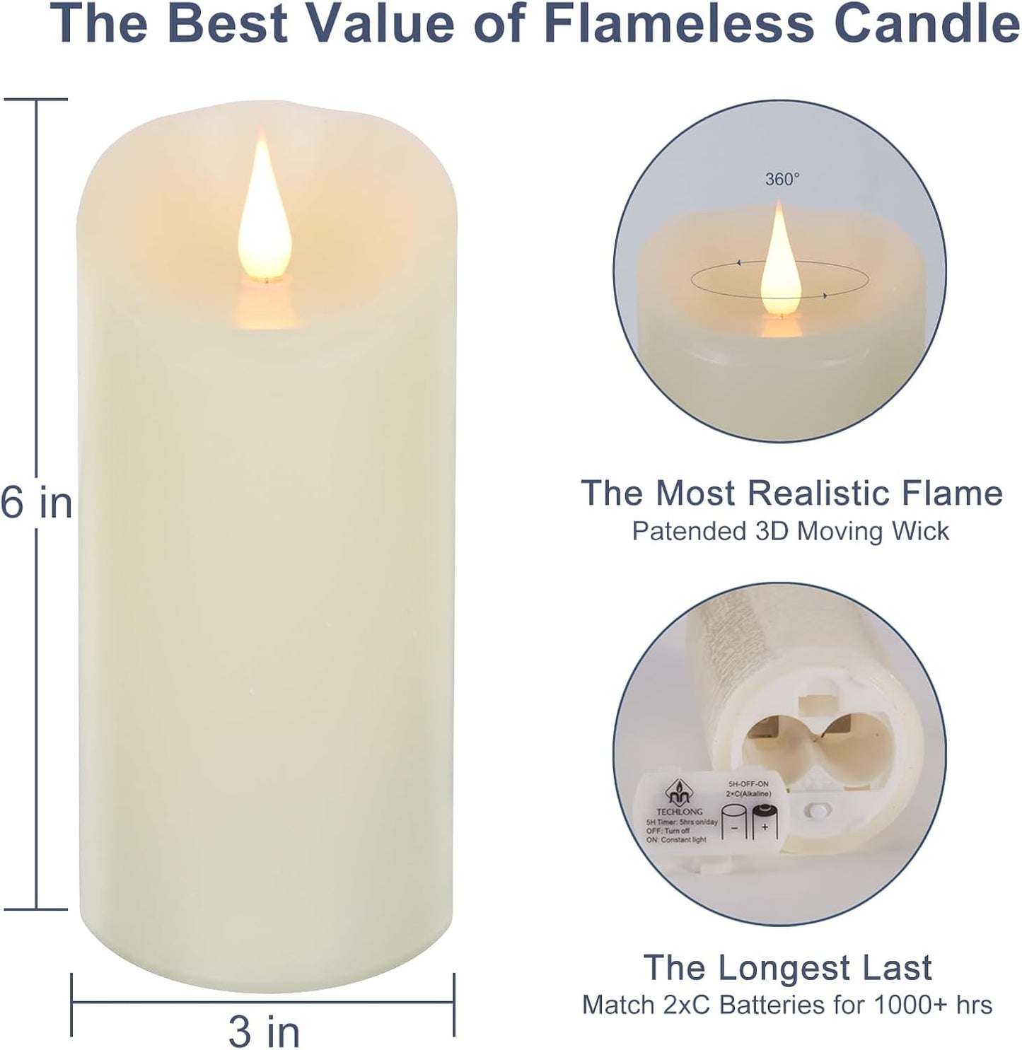 TECHLONG Flameless Candles with Remote Timer, 3D Moving Flickering Flame Battery Operated Candles Lasting 1000+ Hours, 3" x 5" Ivory Real Wax Electric LED Pillar Candles, Set of 2