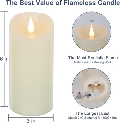TECHLONG Flameless Candles with Remote Timer, 3D Moving Flickering Flame Battery Operated Candles Lasting 1000+ Hours, 3" x 5" Ivory Real Wax Electric LED Pillar Candles, Set of 2