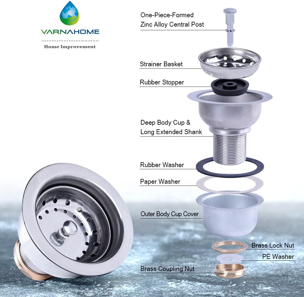3-1/2 Deep Cup Kitchen Sink Drain Assembly, 304 Stainless Steel Construction With Fixed Post Basket and Long Extended Shank/CAS Approved and White Finish
