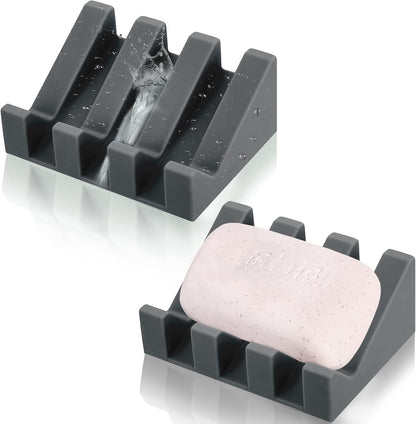 Cunhill 2 Pieces Silicone Soap Dish Self Draining Soap Dish Shower Waterfall Bar Soap Holder Tray with Drain Soap Saver for Kitchen Bathroom Accessories (Black)