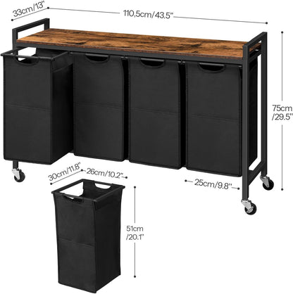HOOBRO Laundry Sorter 4 Sections, Laundry Hamper with Wheels, 4 × 10.5 Gal (40 L), Rolling Laundry Basket, Pull-Out and Removable Oxford Fabric Bags, Rustic Brown and Black BF04XY01
