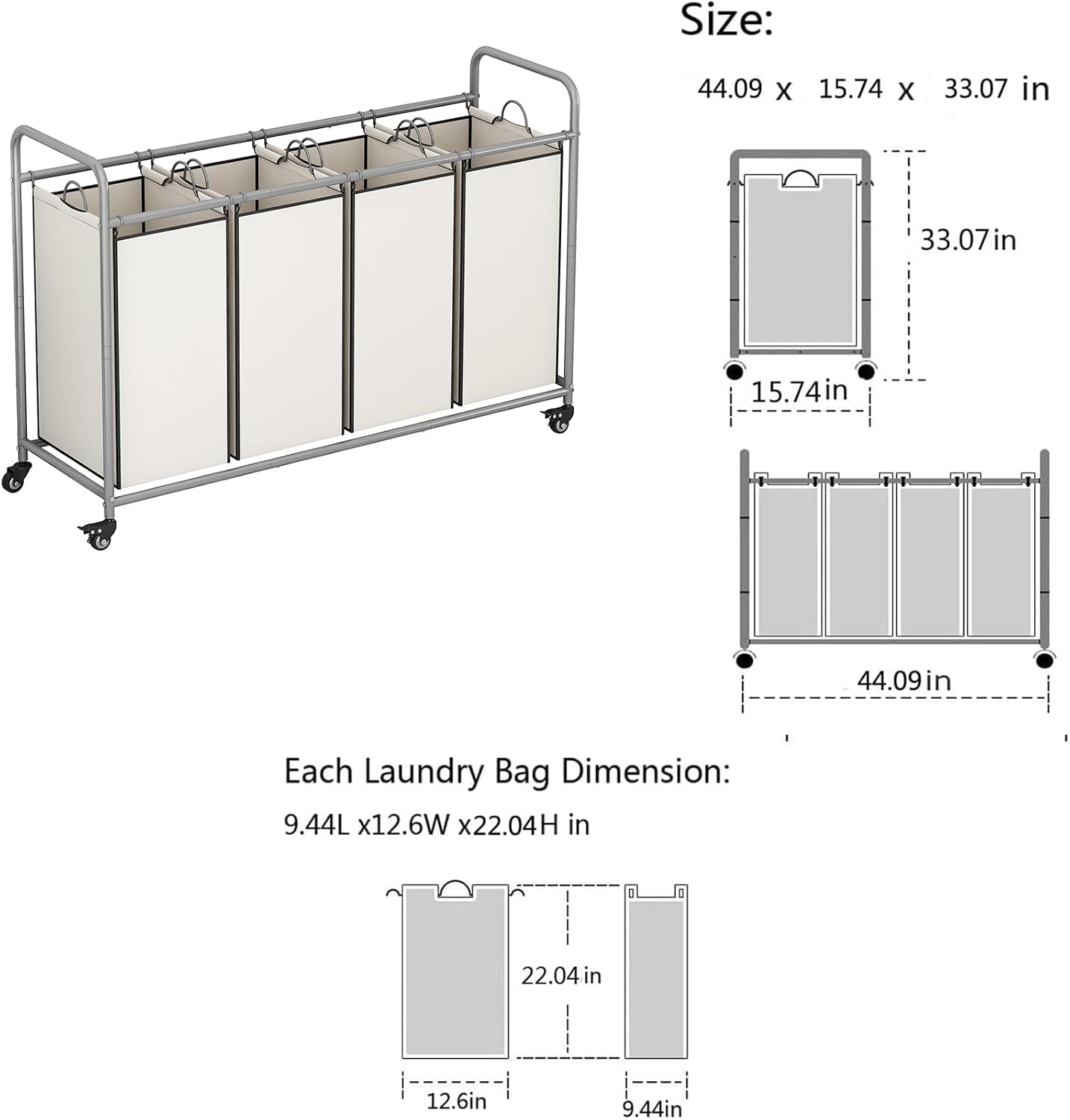 LINZINAR 3-Bag Laundry Hamper, Black Laundry Basket, 35.6 Gal(135 L) Laundry Sorter Cart Laundry Room Organization with Heavy Duty Rolling Lockable Wheels and Removable Bags