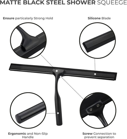 Matte Black Shower Squeegee for Glass Doors with Adhesive Hooks, Squeegee for Shower Glass, Cleaner Tool for Bathroom Household Window Mirror Tile Wall Car, 10 Inch Black