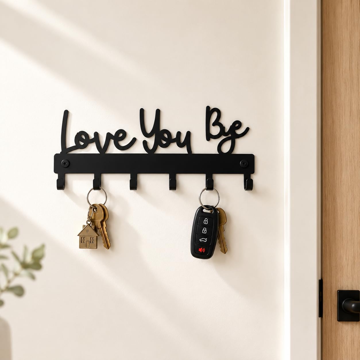 Love You Bye Sign Key Holder Hook Wall Mounted Key Holder Rack Organizer Hanger with 6 Hooks for Wall Express Love Art Decor for Entryway Front Door Kitchen Hallway Office (Love You Bye)