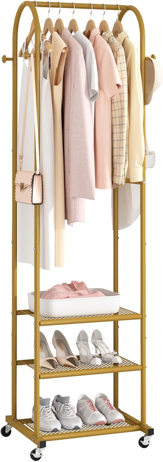 Kaitiemoo Heavy Duty Clothing Rack with Wheels,Modern Garment Rack with 3 Metal Shelves, 71.8Inches Display Rack for Hanging Clothes, Hanging Rod for Small Spaces,White