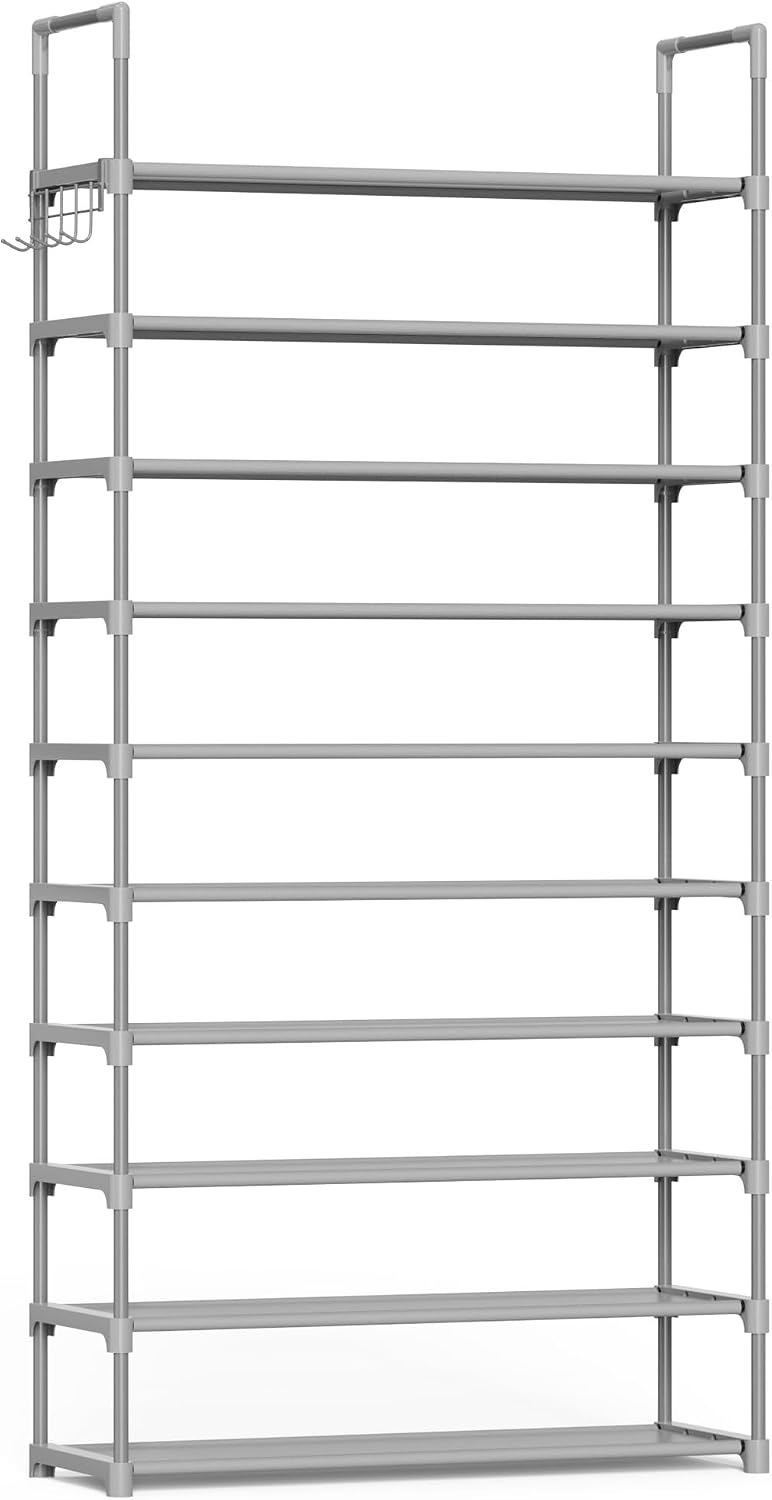 Kitsure Shoe Rack for Closet - 10-Tier Shoe Organizer with Hook Rack, Large-Capacity & Space-Saving Shoe Shelf for Entryway, Bedroom, Living Room,32.2" x 11.8" x 68.5", Black