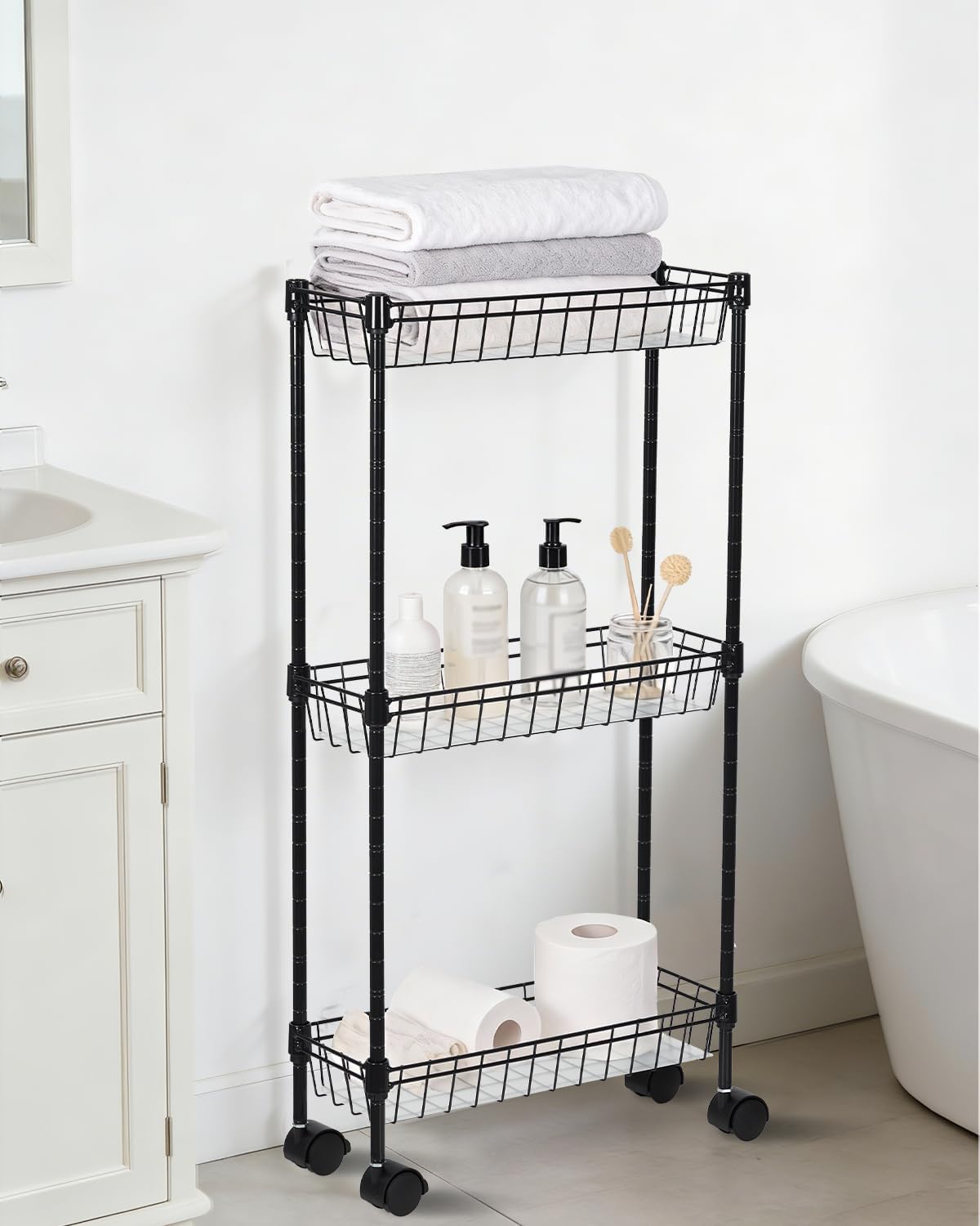Slim Metal Rolling Storage Cart – 4-Tier Adjustable Utility Organizer with Basket Shelves & Wheels – Space-Saving Mobile Drawer Cabinet – 15.75x5.91x31.5in – for Office, Kitchen, Bathroom