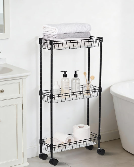 Slim Metal Rolling Storage Cart – 4-Tier Adjustable Utility Organizer with Basket Shelves & Wheels – Space-Saving Mobile Drawer Cabinet – 15.75x5.91x31.5in – for Office, Kitchen, Bathroom