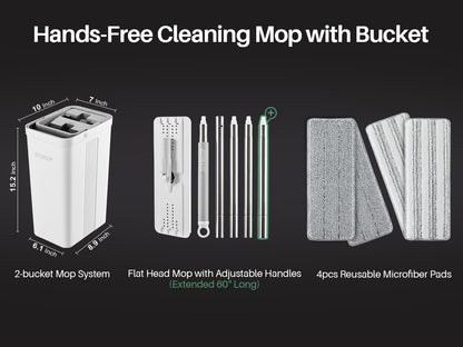 JOYMOOP Mop and Bucket Set, Flat Mops for Floor & Wall Cleaning, Commercial & Household Use, Hardwood Floor Mop with Long Handle & 4 Microfiber Pads