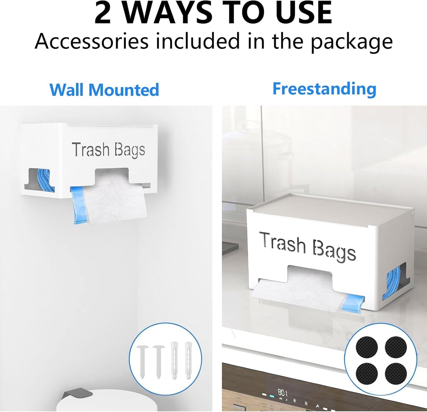 STWWO Large Trash Bag Holder Dispenser, Metal Garbage Bag Dispenser Roll Holder, Kitchen Trash Storage Organizer for Under Sink, Wall Mounted or Freestanding, Black