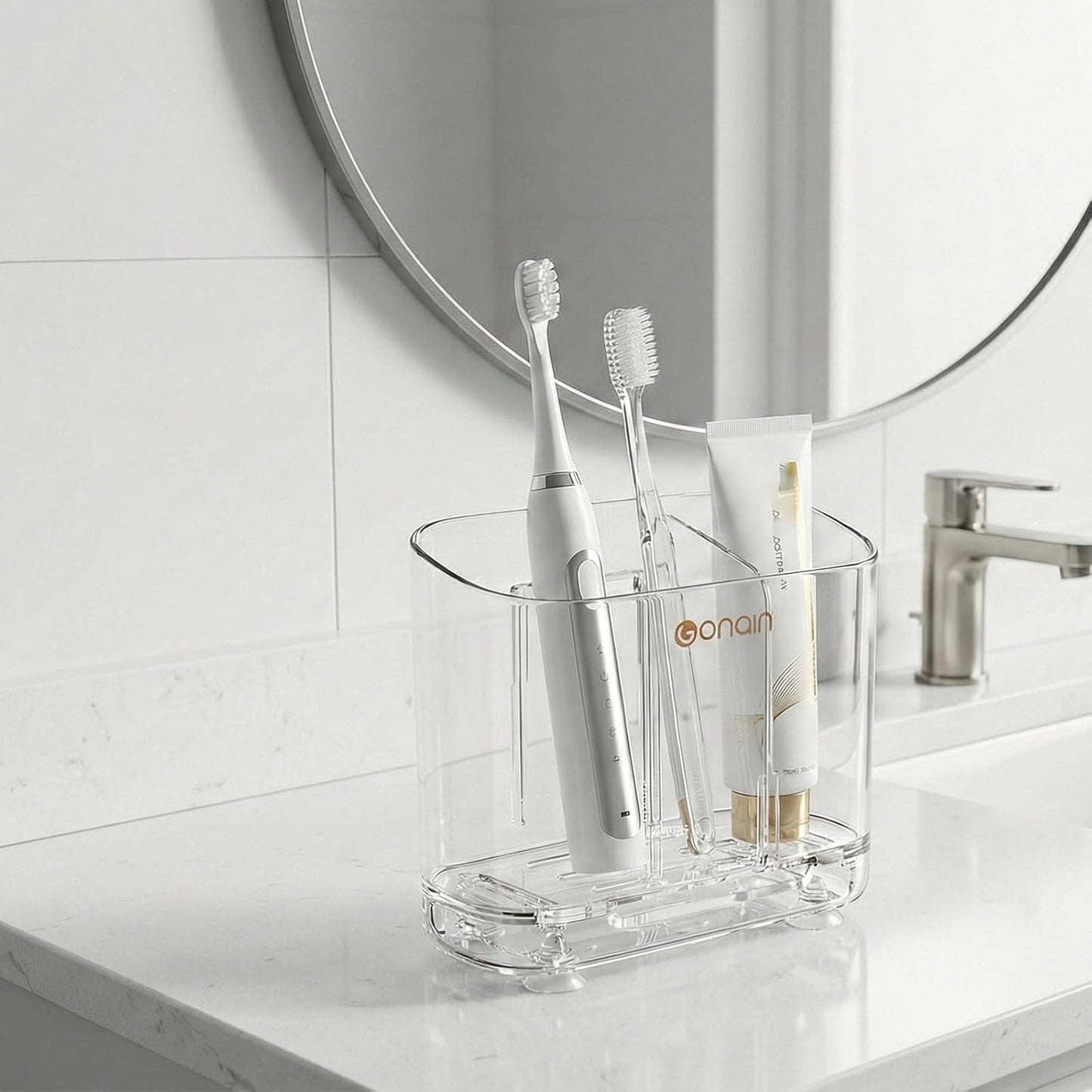 Toothbrush Holder for Bathroom Wall Mounted, 5 Slots Acrylic Toothbrush and Toothpaste Organizer Removable Dividers, Large Capacity Electric Toothbrush Holder for Family Bathroom Accessories, Clear