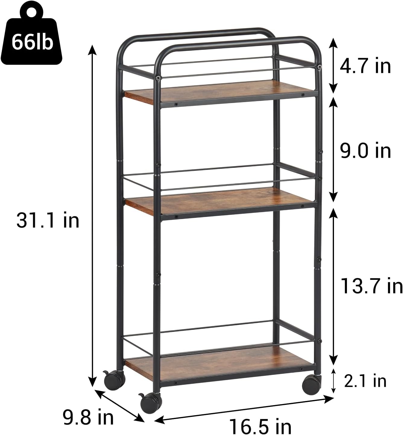 FUSLITE Small Bar Cart for Small Spaces, 3-Tier Slim Rolling Kitchen Cart on Wheels, Narrow Cart with Protective Fence, Industrial Mini Coffee Station for Home,Living Room,Bathroom, Rustic Brown