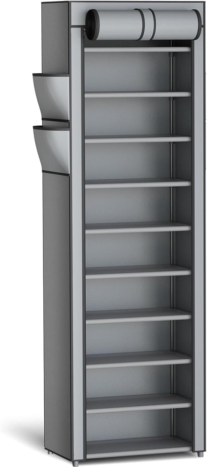 Kitsure Shoe Rack - 10-Tier Large Capacity Shoe Organizer Shelf with Dust Cover & Side Pockets, Rust-Proof Metal Shoe Rack for Closet, Entrance, Living Room, 17.5" x 12.4" x 69.3", Black