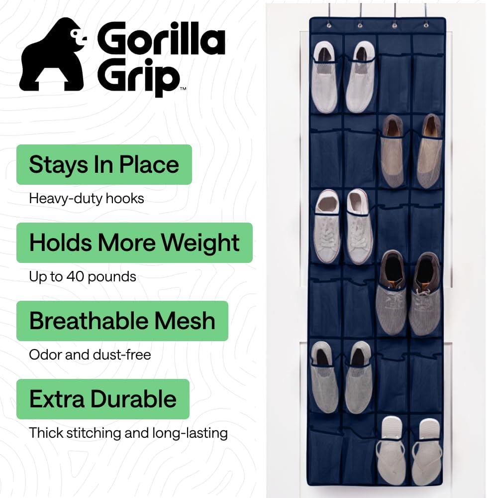 GORILLA GRIP Over the Door Shoe Organizer, 24 Large Breathable Mesh Pockets, Space Saving Hanging Storage Holder, Closet Rack Hanger Holds Up to 40 lbs, Hangs on Closets for Shoes, Accessories, Grey