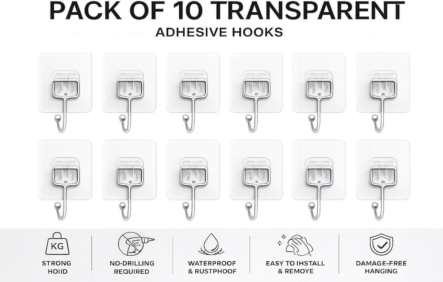 Luxe Hooks, Heavy Duty Wall Hooks, Waterproof Self Adhesive Hooks for Bathroom, Kitchen, Shower & Office, No Drill Wall Hooks for Towels, 10 Counts. (10, Transparent)