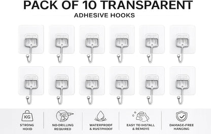 Luxe Hooks, Heavy Duty Wall Hooks, Waterproof Self Adhesive Hooks for Bathroom, Kitchen, Shower & Office, No Drill Wall Hooks for Towels, 10 Counts. (10, Transparent)