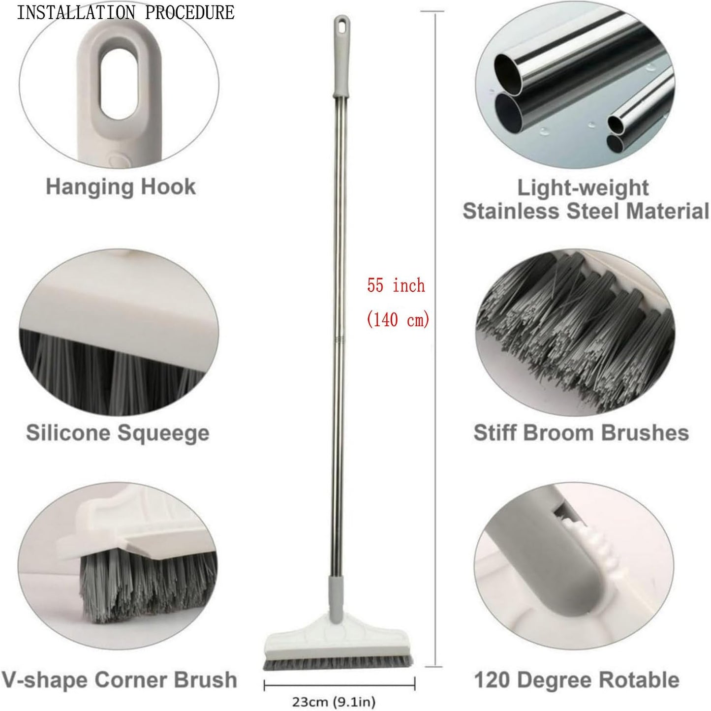 2 in 1 Cleaning Floor Scrub Brush Floor Brush Scrubber New Upgraded 53.5" Long Handle Grout Brush Scrape V-Shape Stiff Bristle Cleaning Brush with Squeegee 120°Rotating Tile Brush for Bathroom