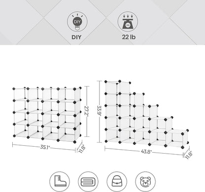 SONGMICS Shoe Rack with 16 Cubes, Interlocking Plastic Shoe Organizer, DIY Storage Cabinet for Closet Entryway Bedroom Garage, Space Saving Design, 12 x 35.1 x 27.2 Inches, Transparent ULPC445W02