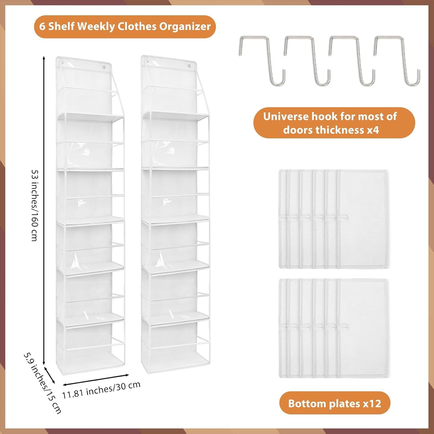 2 Pack Weekly Clothes Organizer for Kids, 6 Shelf Hanging Closet Organizer with Clear Window, Foldable Days of the Week Over the Door Outfit Organizer with Labels for Closet School