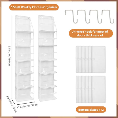 2 Pack Weekly Clothes Organizer for Kids, 6 Shelf Hanging Closet Organizer with Clear Window, Foldable Days of the Week Over the Door Outfit Organizer with Labels for Closet School