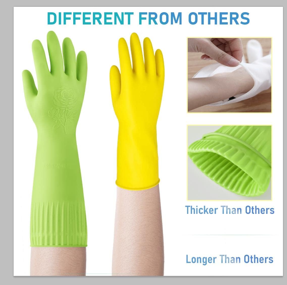 Disfore Rubber-Gloves Dishwashing Gloves for Cleaning-Kitchen - 2 Pairs Long Household Cleaning Gloves for Washing Dishes