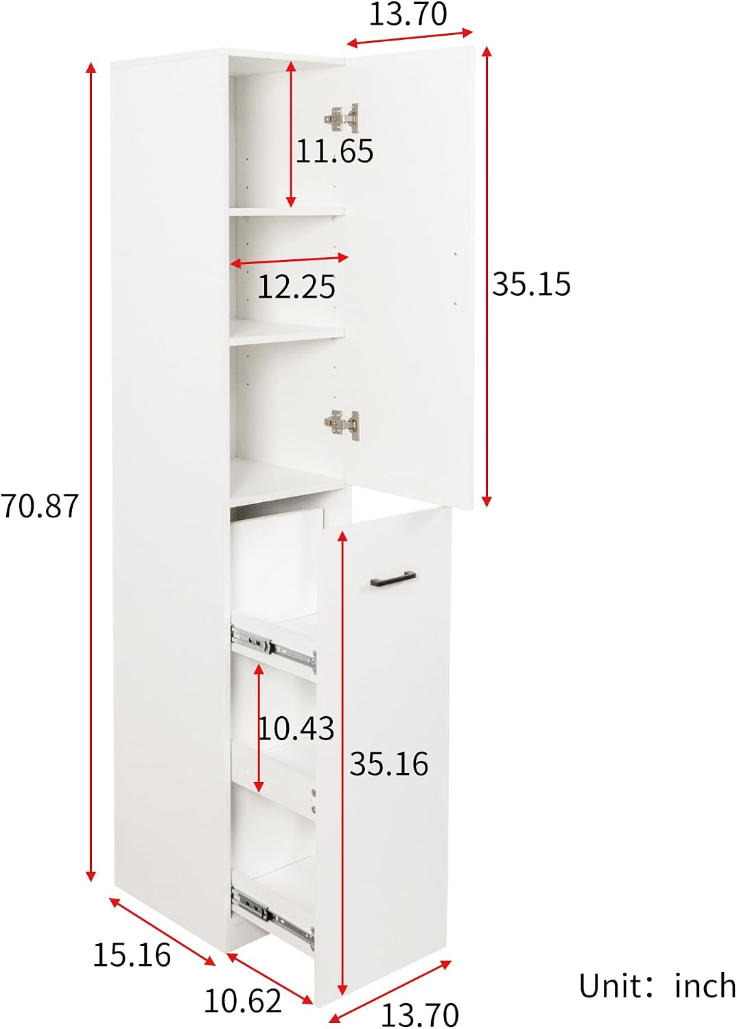 68'' Tall Narrow Storage Cabinet with Handle & Wheels, 7 Tier Pull-Out Kitchen Pantry Cart, Rolling Slim Freestanding Organizers Shelf Spice Rack for Small Spaces (White-Wheels, 7 Tier)