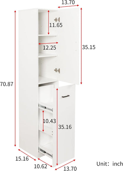 68'' Tall Narrow Storage Cabinet with Handle & Wheels, 7 Tier Pull-Out Kitchen Pantry Cart, Rolling Slim Freestanding Organizers Shelf Spice Rack for Small Spaces (White-Wheels, 7 Tier)