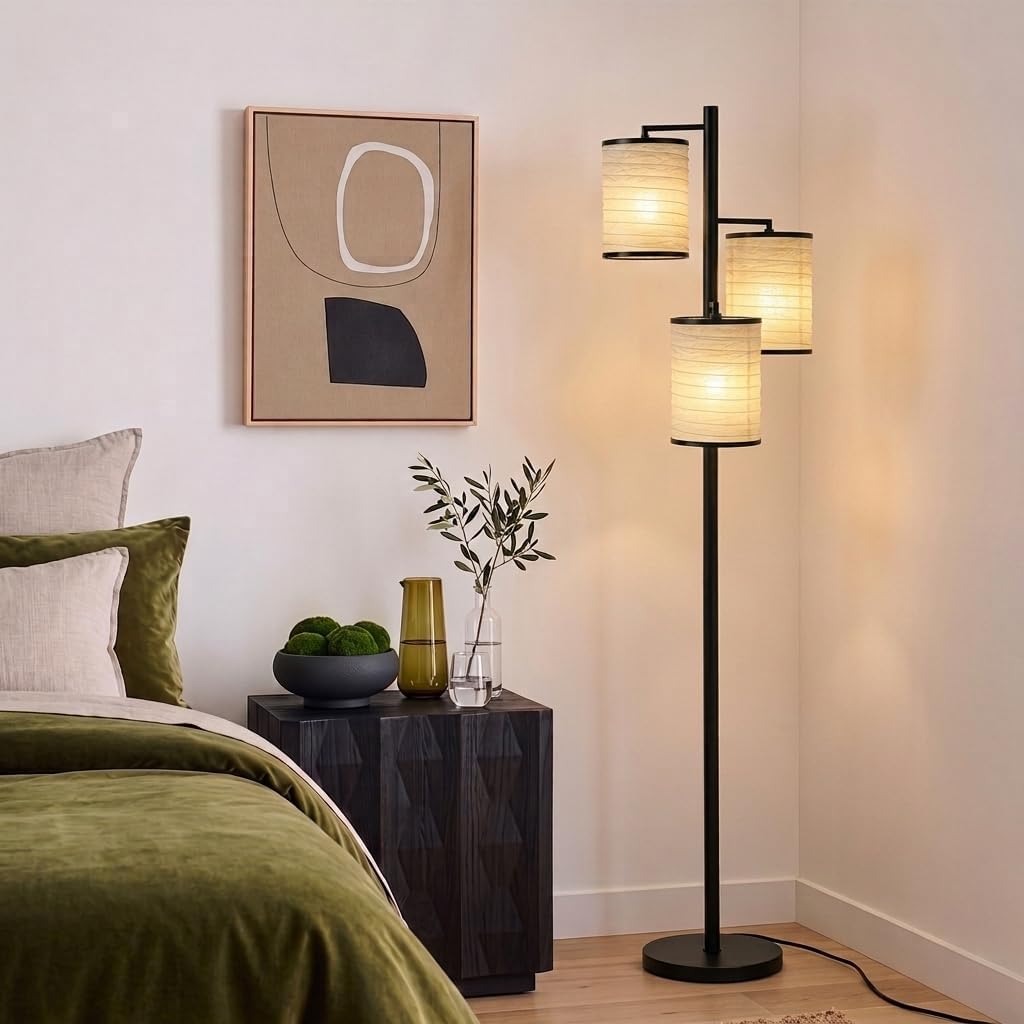 Brightech Liam Tall Tree Lamp with Asian Lantern Shade for Living Rooms and Offices - Standing Lamp with 3 LED Bulbs for Bedroom Reading - Bronze