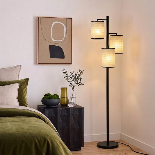 Brightech Liam Tall Tree Lamp with Asian Lantern Shade for Living Rooms and Offices - Standing Lamp with 3 LED Bulbs for Bedroom Reading - Bronze