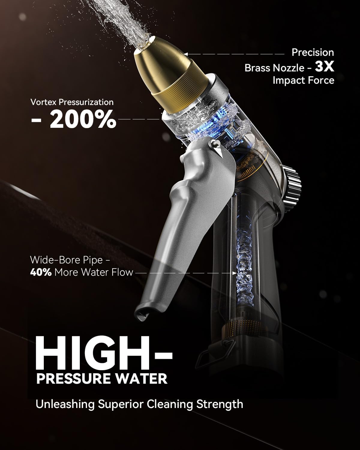 RAINPOINT Garden Hose Nozzle, 100% Heavy Duty Metal Hose Sprayer, High Pressure Water Hose Nozzle with Adjustable Spray Patterns and Flow Control for Watering Plants, Car Washing, Pet Washing, Gold