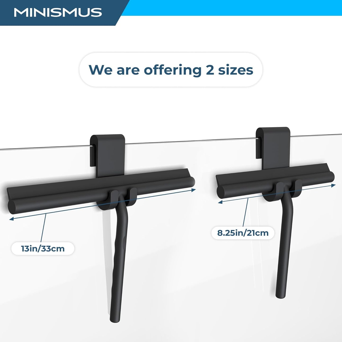 Minismus Shower Squeegee with Magnetic Hook - Silicone Window Wiper with Adhesive Wall Mounted Hanger - Shower Squeegee for Glass Doors - Rubber Squeegee - Shower Glass Cleaner (8.25 inches, Black)