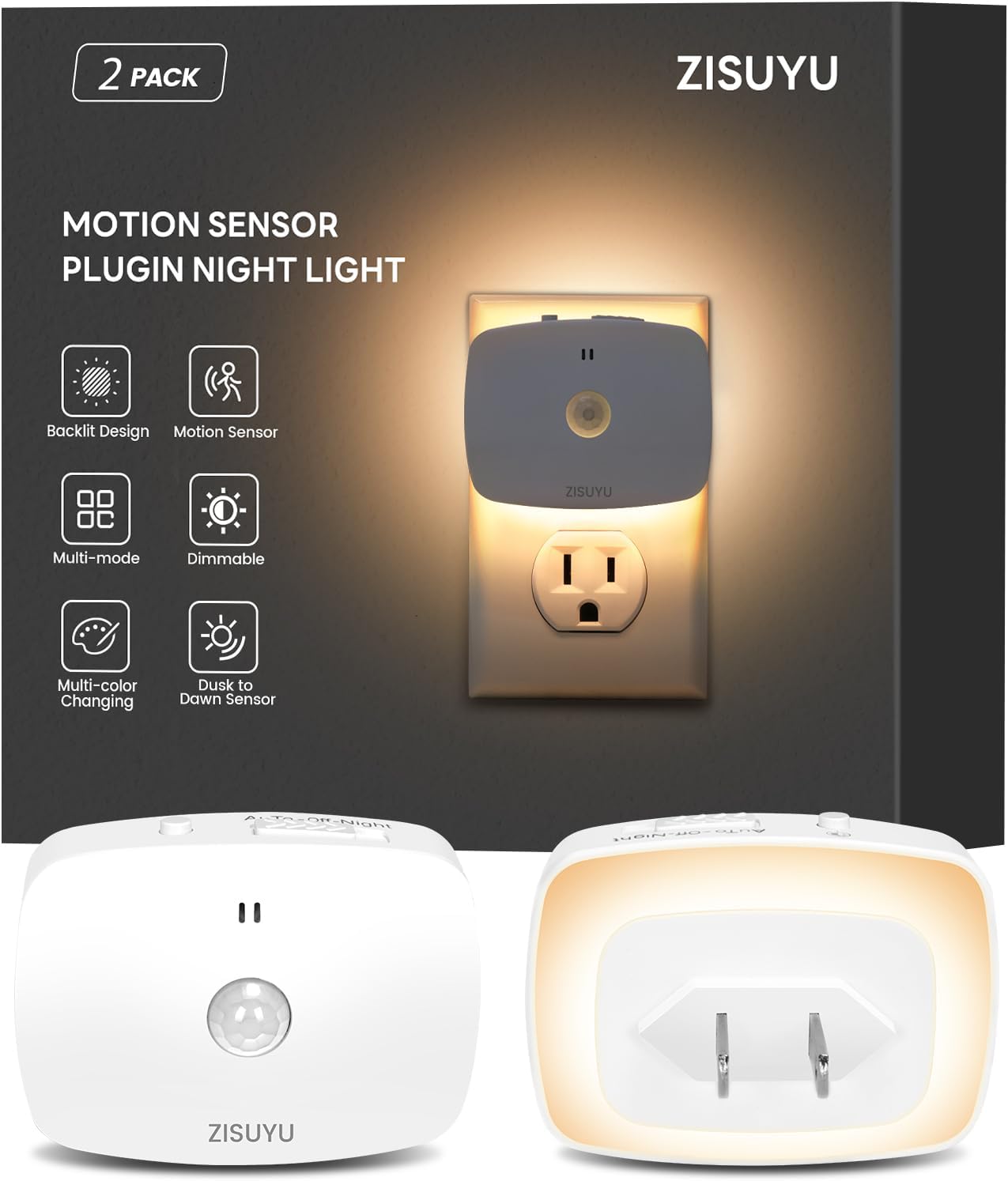 ZISUYU Plug-in LED Backlit Night Light with Motion Sensor & Dusk to Dawn Sensor, 10-60lm Dimmable Nightlight with Multi-Mode & Color-Changing, Ideal for Bedroom, Bathroom, Stairs, Hallway (6 Pack)