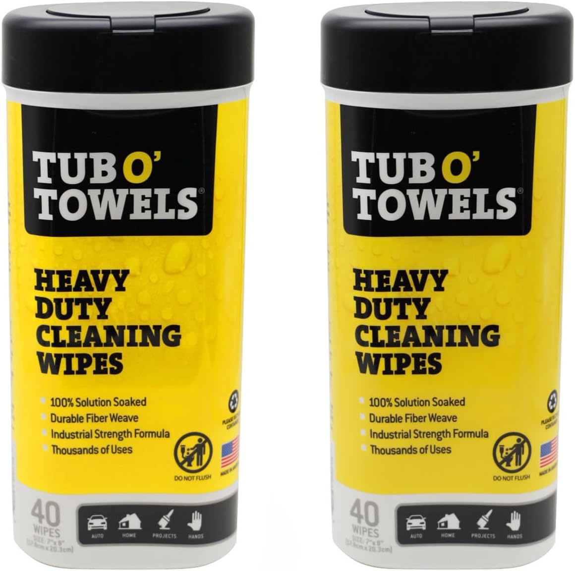 Tub O' Towels Heavy-Duty Multi-Surface Cleaning Wipes, 7" x 8", 40 Count Canister, Removes Grease, Grime, and Tough Stains, Durable Disposable White Wipes for Home, Garage, and Outdoor Cleaning Tasks | industrial-disposable-wipes