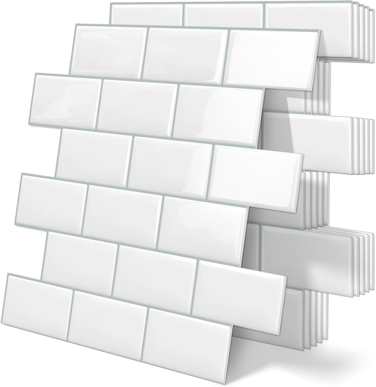 White Peel and Stick Backsplash Subway Tile 3D Brick Self Adhesvie Wall Tiles for Kitchen Bathroom Thick (10-Sheet, 12"×12") | Metro,Thick,Sticky,for Kitchen Splashbacks,Bathroom, (12"×12")