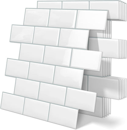 White Peel and Stick Backsplash Subway Tile 3D Brick Self Adhesvie Wall Tiles for Kitchen Bathroom Thick (10-Sheet, 12"×12") | Metro,Thick,Sticky,for Kitchen Splashbacks,Bathroom, (12"×12")