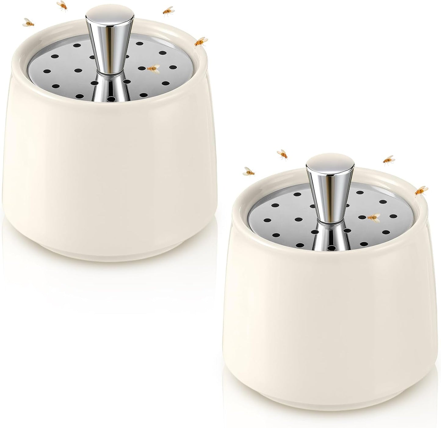 Ceramic Fruit Fly Trap for Indoors, Reusable Kitchen Fly Catcher with Stainless Steel Vent Lid, Uses Safe & Natural Vinegar Bait Trap, Dishwasher Safe, Easy to Use (White,1 Pack)