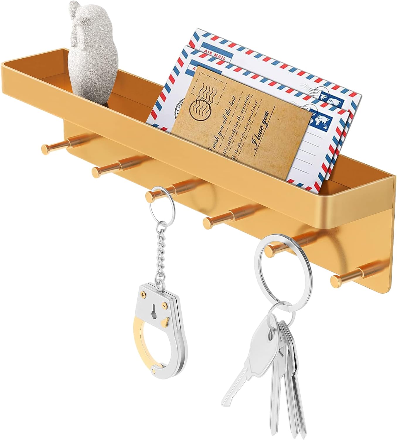 MKO Key Holder Wall Mount, Key Holder Wall Mount Adhesive with Mail Organizer Tray with 6 Key Hooks for Wall, Black