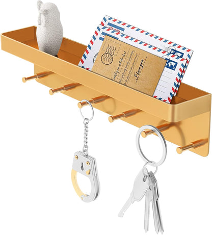 MKO Key Holder Wall Mount, Key Holder Wall Mount Adhesive with Mail Organizer Tray with 6 Key Hooks for Wall, Black