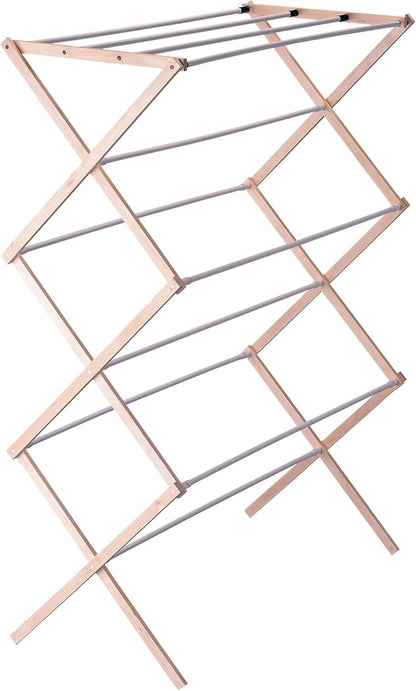 Household Essentials X-Frame Clothes Drying Rack, Stabile Wood Frame with Slanted Feet, Smooth Vinyl Wrapped Rods, 23.8 Feet of Hanging Space, Ready to Assemble, Flat Top, Natural