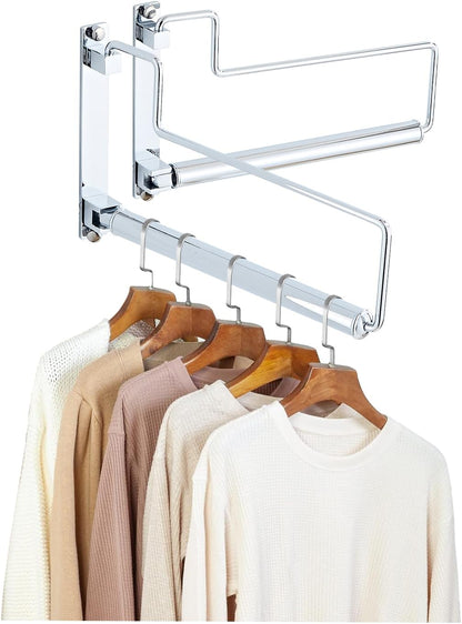 NEWRAIN Folding Wall Mounted Clothes Hanger Rack Clothes Hook Solid Brass with Swing Arm Holder Clothing Hanging System Closet Storage Organizer Heavy Duty Drying Rack Wall Mount,Brushed Gold