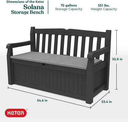 Keter Solana 70 Gallon Storage Bench Deck Box for Patio Furniture, Front Porch Decor and Outdoor Seating – Perfect to Store Garden Tools and Pool Toys, Brown/Brown